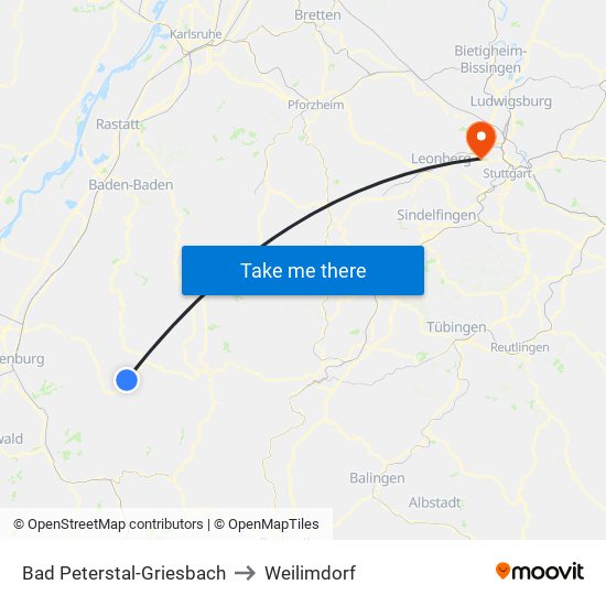 Bad Peterstal-Griesbach to Weilimdorf map