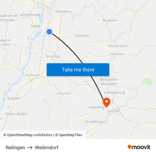 Reilingen to Weilimdorf map