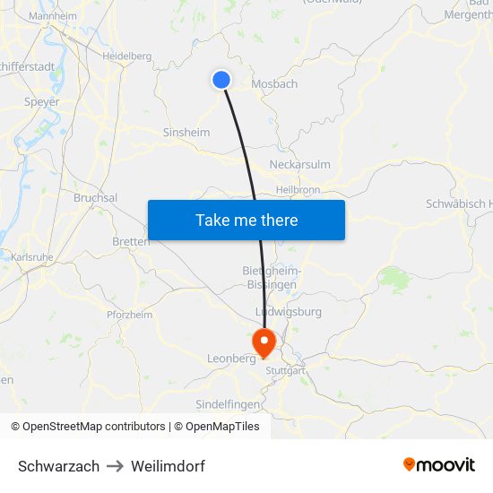 Schwarzach to Weilimdorf map