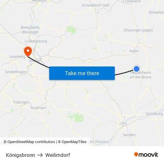 Königsbronn to Weilimdorf map