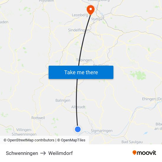 Schwenningen to Weilimdorf map