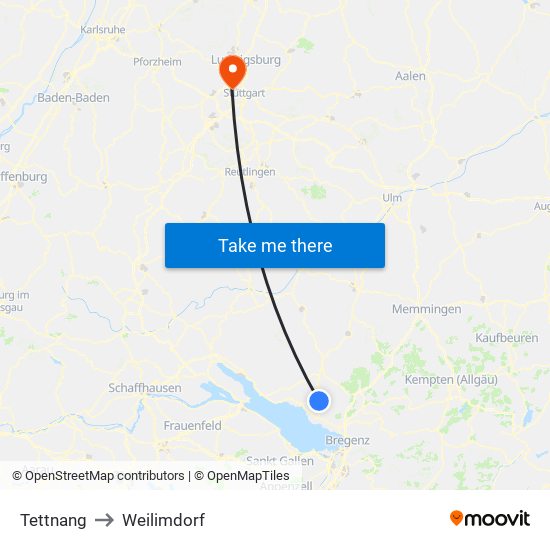 Tettnang to Weilimdorf map