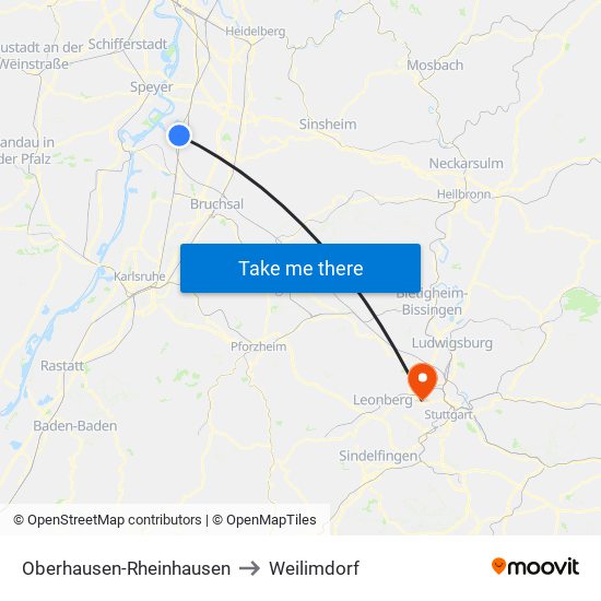 Oberhausen-Rheinhausen to Weilimdorf map