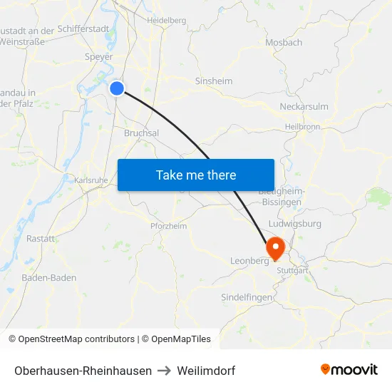 Oberhausen-Rheinhausen to Weilimdorf map
