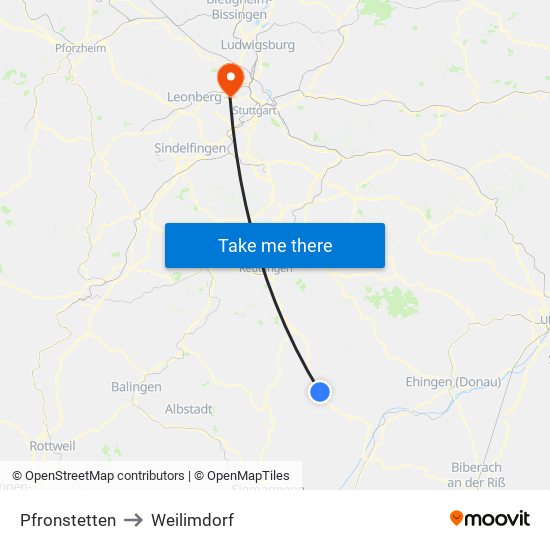 Pfronstetten to Weilimdorf map