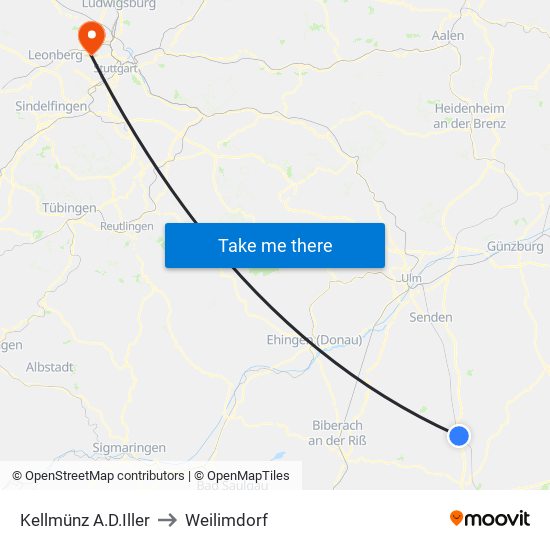 Kellmünz A.D.Iller to Weilimdorf map