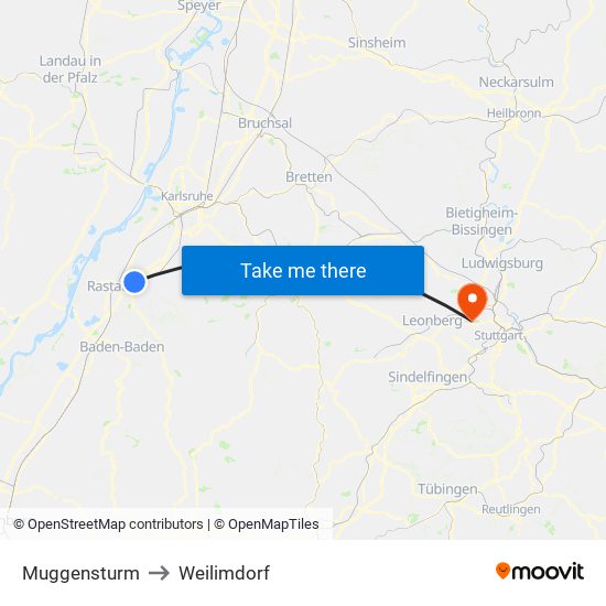 Muggensturm to Weilimdorf map