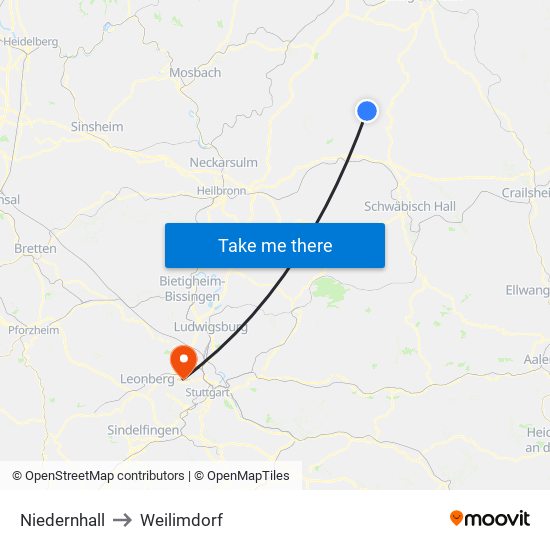 Niedernhall to Weilimdorf map