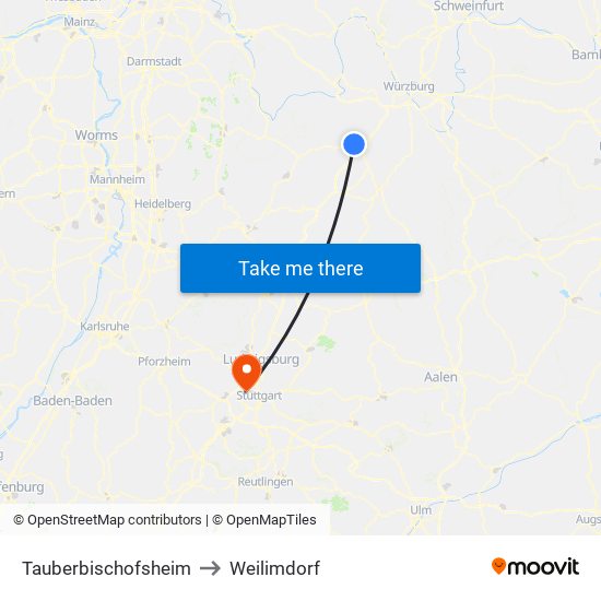 Tauberbischofsheim to Weilimdorf map