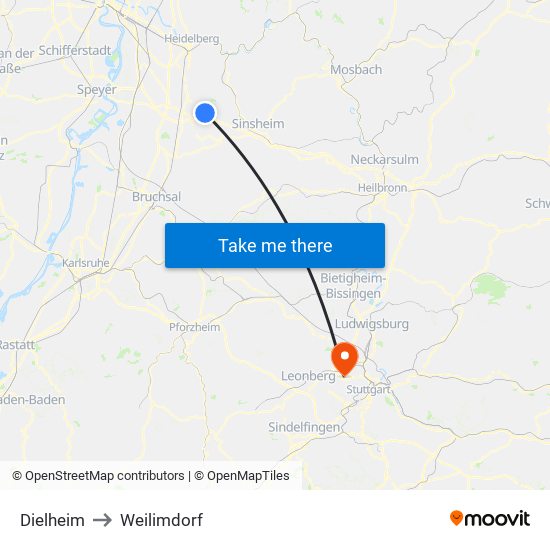 Dielheim to Weilimdorf map