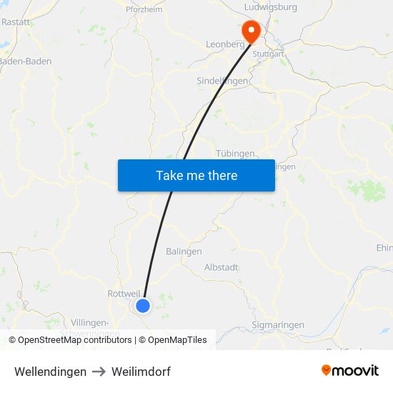 Wellendingen to Weilimdorf map