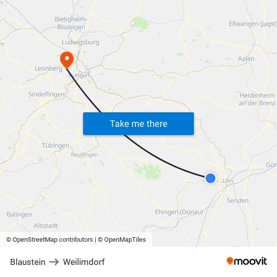 Blaustein to Weilimdorf map