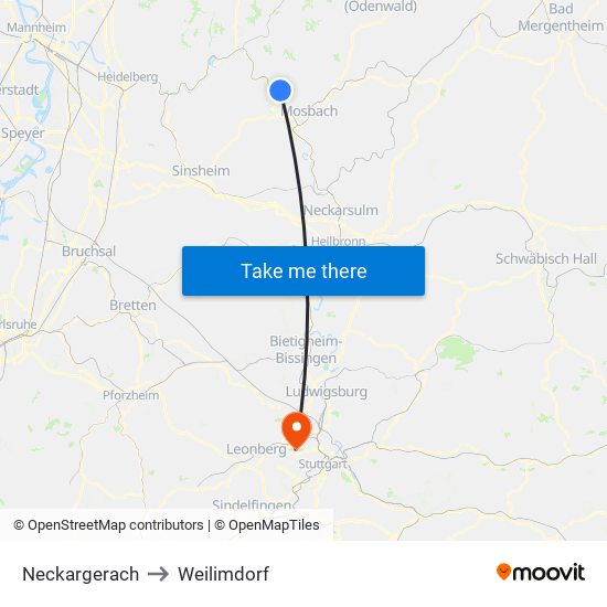 Neckargerach to Weilimdorf map