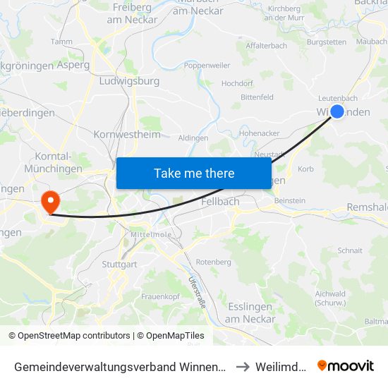 Gemeindeverwaltungsverband Winnenden to Weilimdorf map