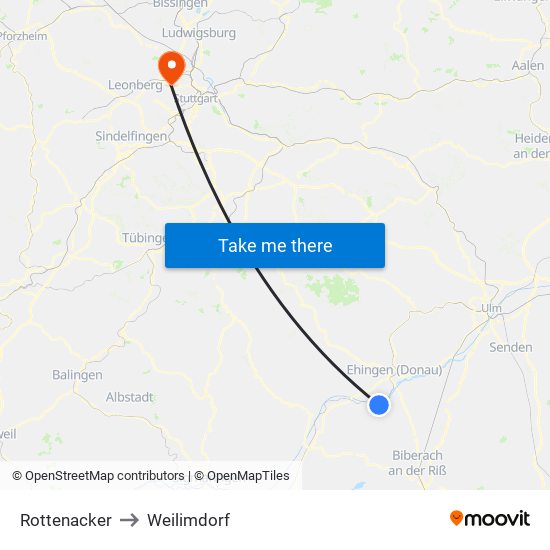 Rottenacker to Weilimdorf map