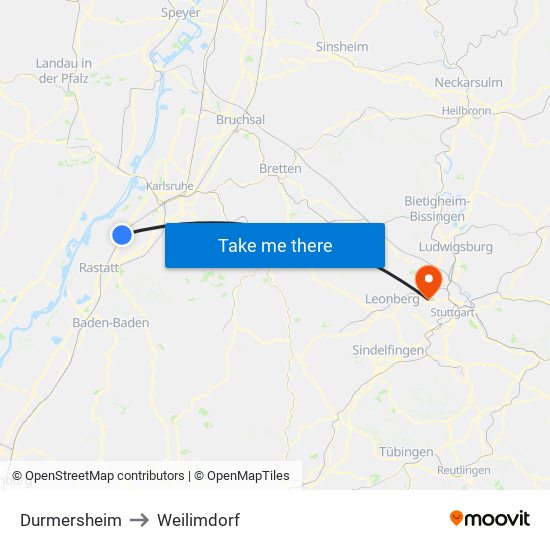 Durmersheim to Weilimdorf map