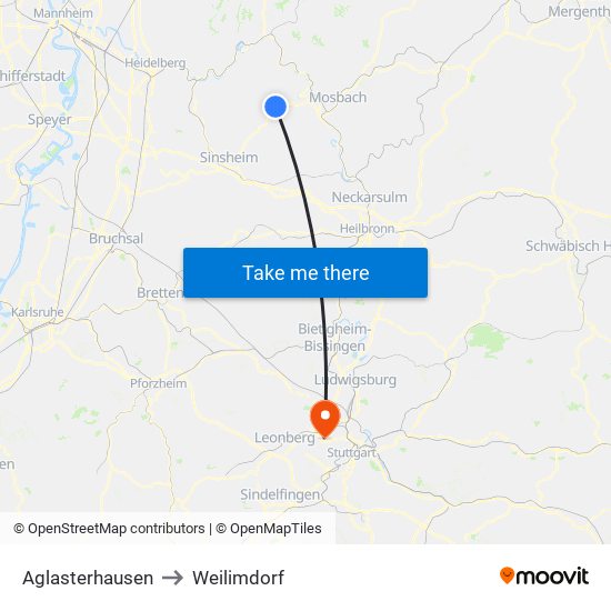 Aglasterhausen to Weilimdorf map