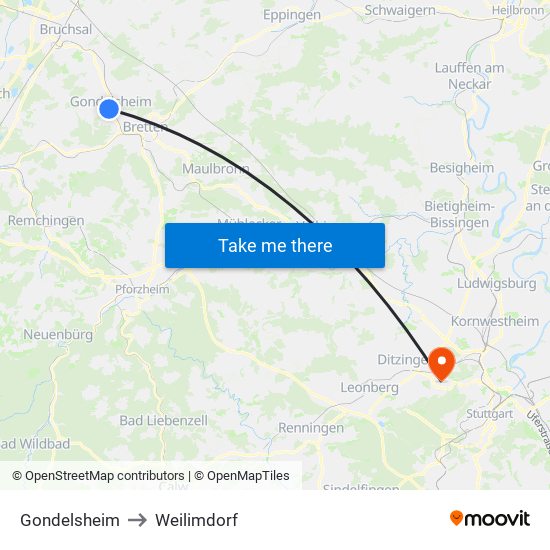 Gondelsheim to Weilimdorf map