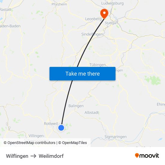 Wilflingen to Weilimdorf map