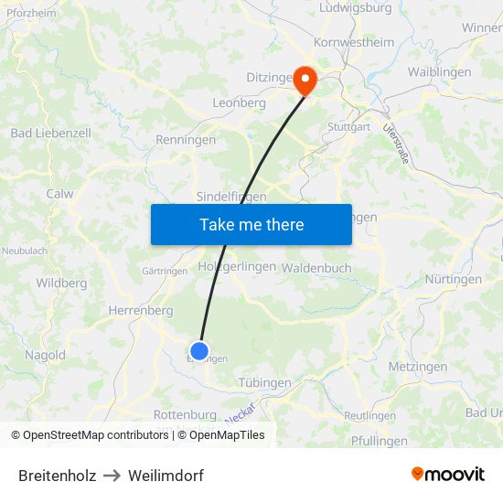 Breitenholz to Weilimdorf map