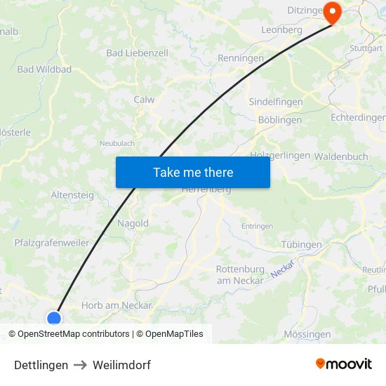 Dettlingen to Weilimdorf map