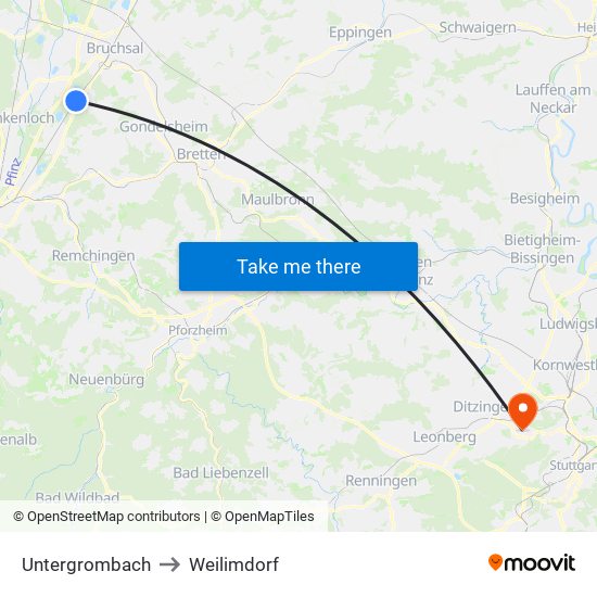 Untergrombach to Weilimdorf map