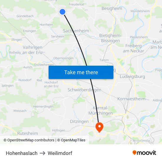 Hohenhaslach to Weilimdorf map