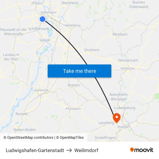 Ludwigshafen-Gartenstadt to Weilimdorf map