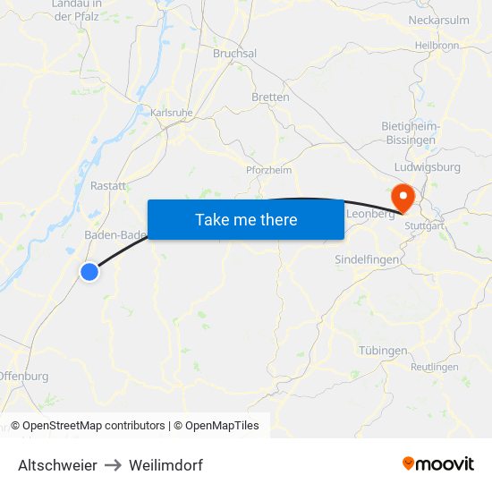 Altschweier to Weilimdorf map