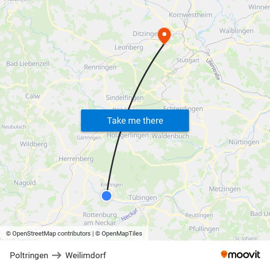 Poltringen to Weilimdorf map