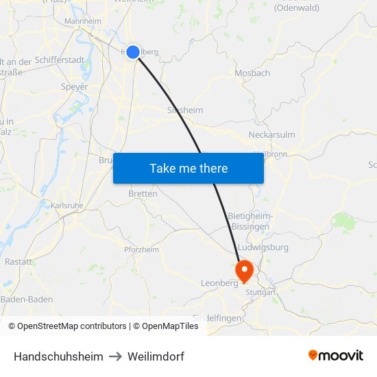 Handschuhsheim to Weilimdorf map