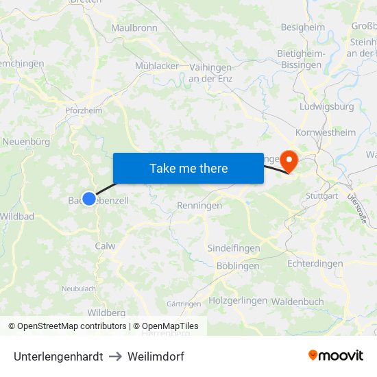 Unterlengenhardt to Weilimdorf map