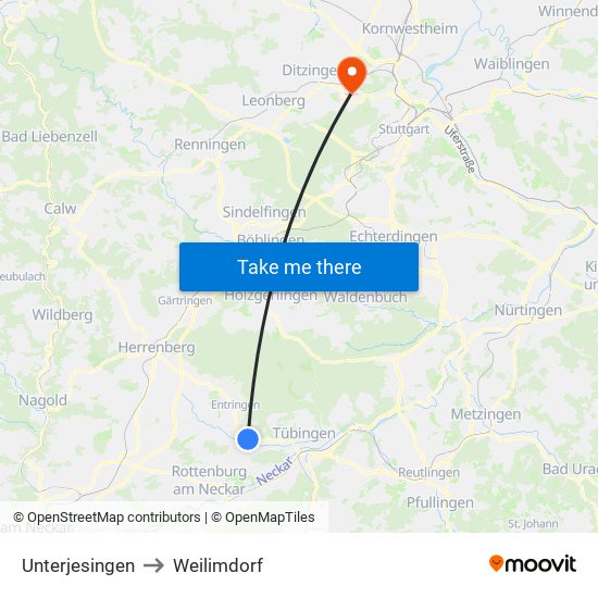 Unterjesingen to Weilimdorf map