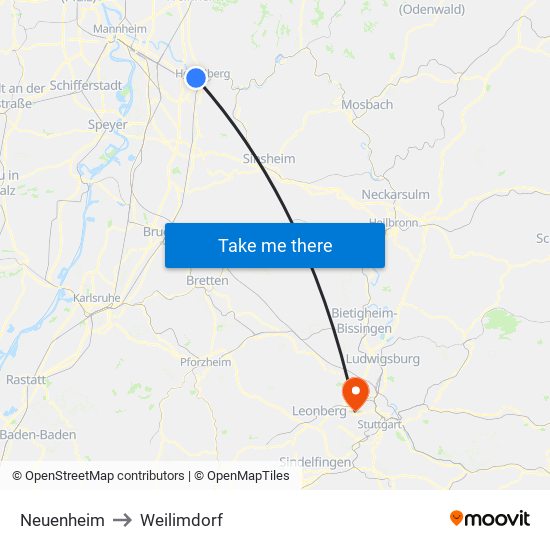 Neuenheim to Weilimdorf map