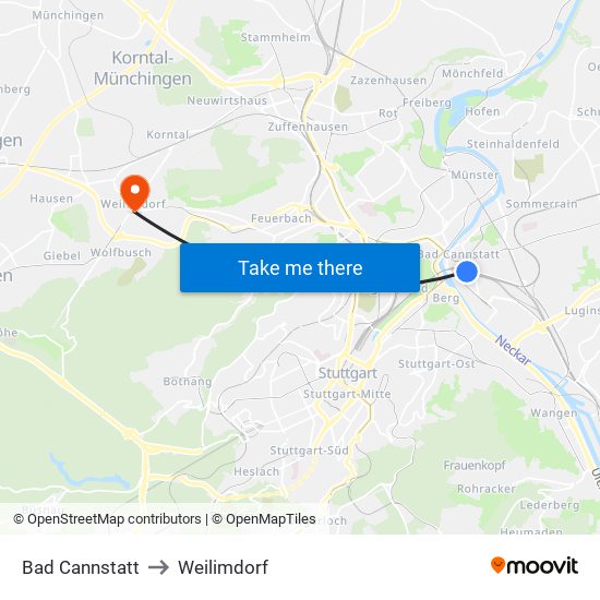 Bad Cannstatt to Weilimdorf map