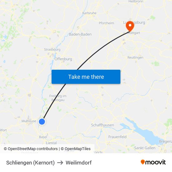 Schliengen (Kernort) to Weilimdorf map