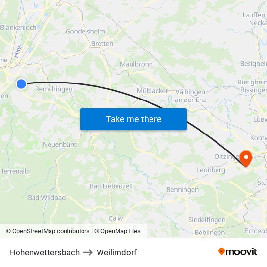 Hohenwettersbach to Weilimdorf map