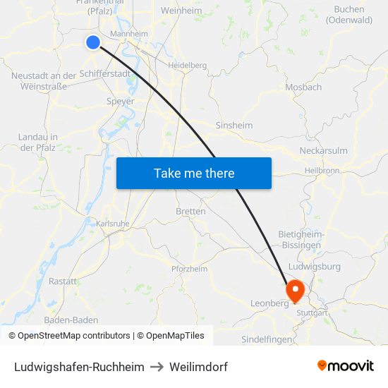 Ludwigshafen-Ruchheim to Weilimdorf map