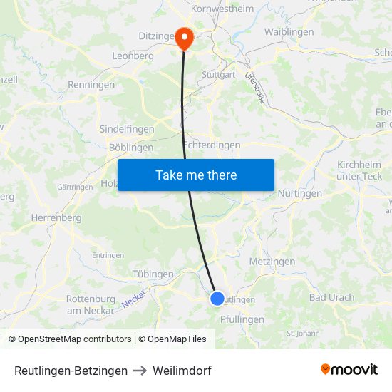 Reutlingen-Betzingen to Weilimdorf map