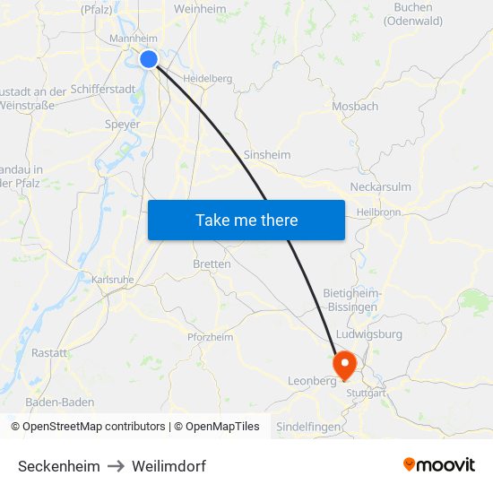 Seckenheim to Weilimdorf map