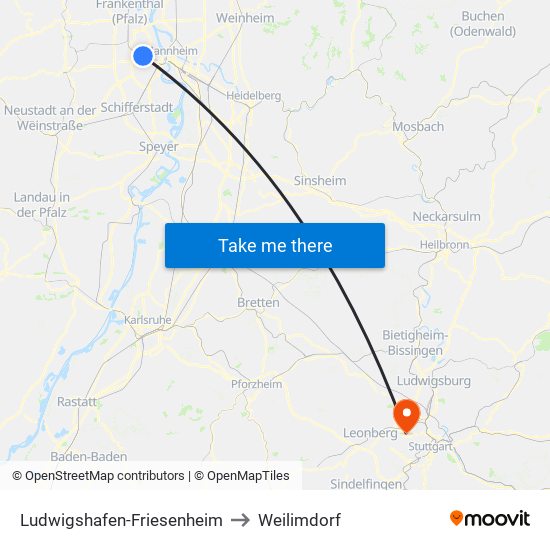 Ludwigshafen-Friesenheim to Weilimdorf map