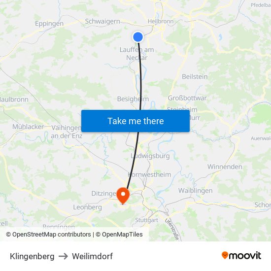 Klingenberg to Weilimdorf map