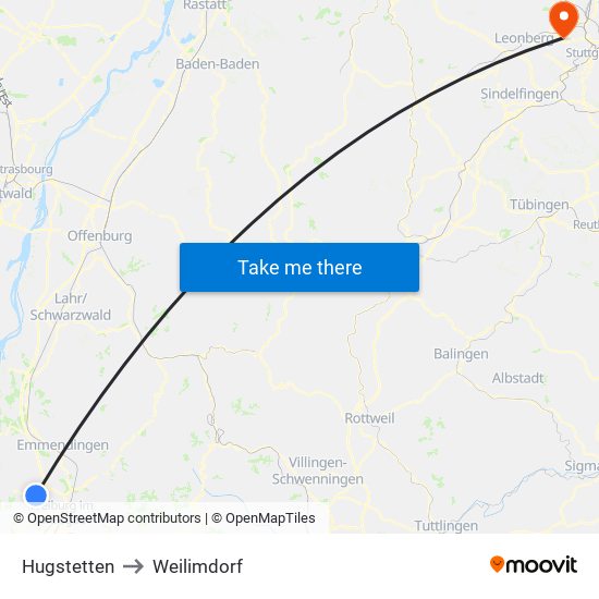 Hugstetten to Weilimdorf map