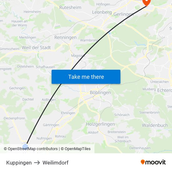 Kuppingen to Weilimdorf map