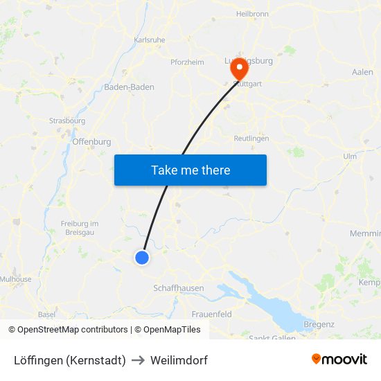 Löffingen (Kernstadt) to Weilimdorf map