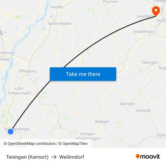 Teningen (Kernort) to Weilimdorf map