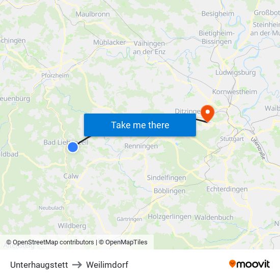 Unterhaugstett to Weilimdorf map