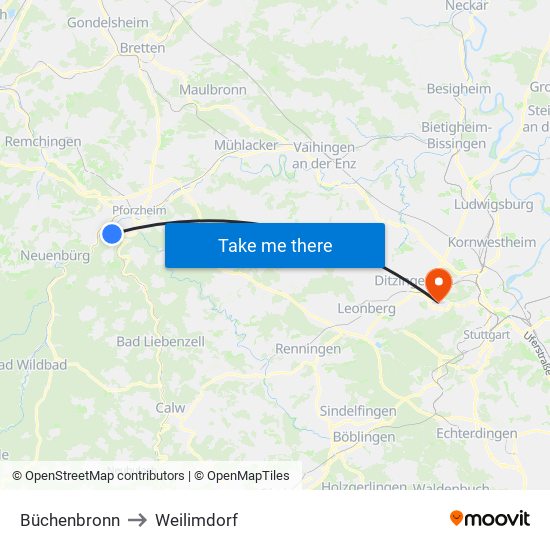 Büchenbronn to Weilimdorf map