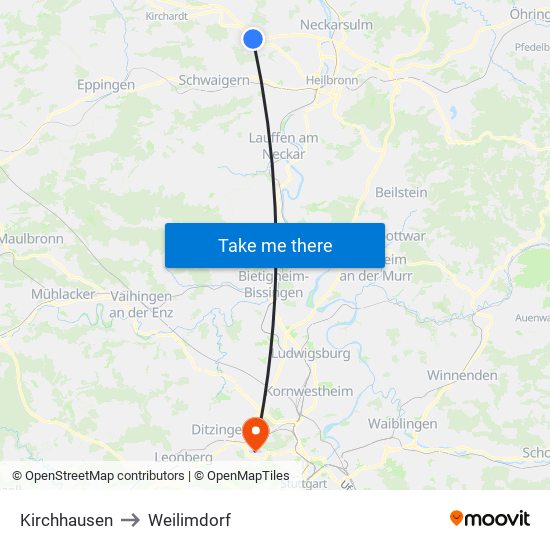 Kirchhausen to Weilimdorf map