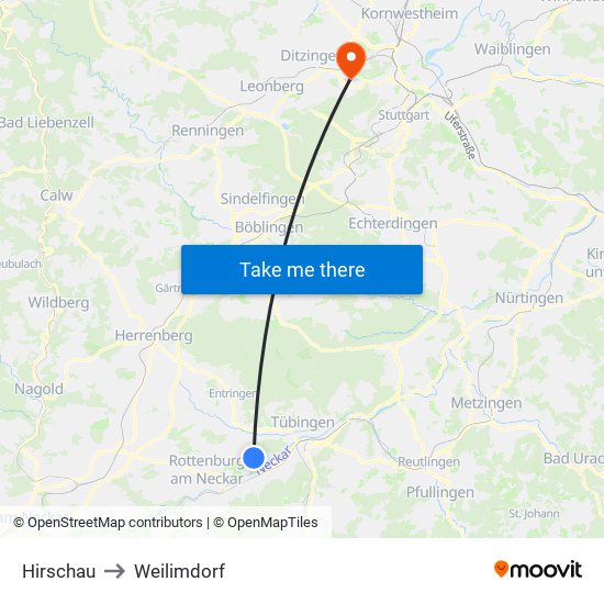 Hirschau to Weilimdorf map